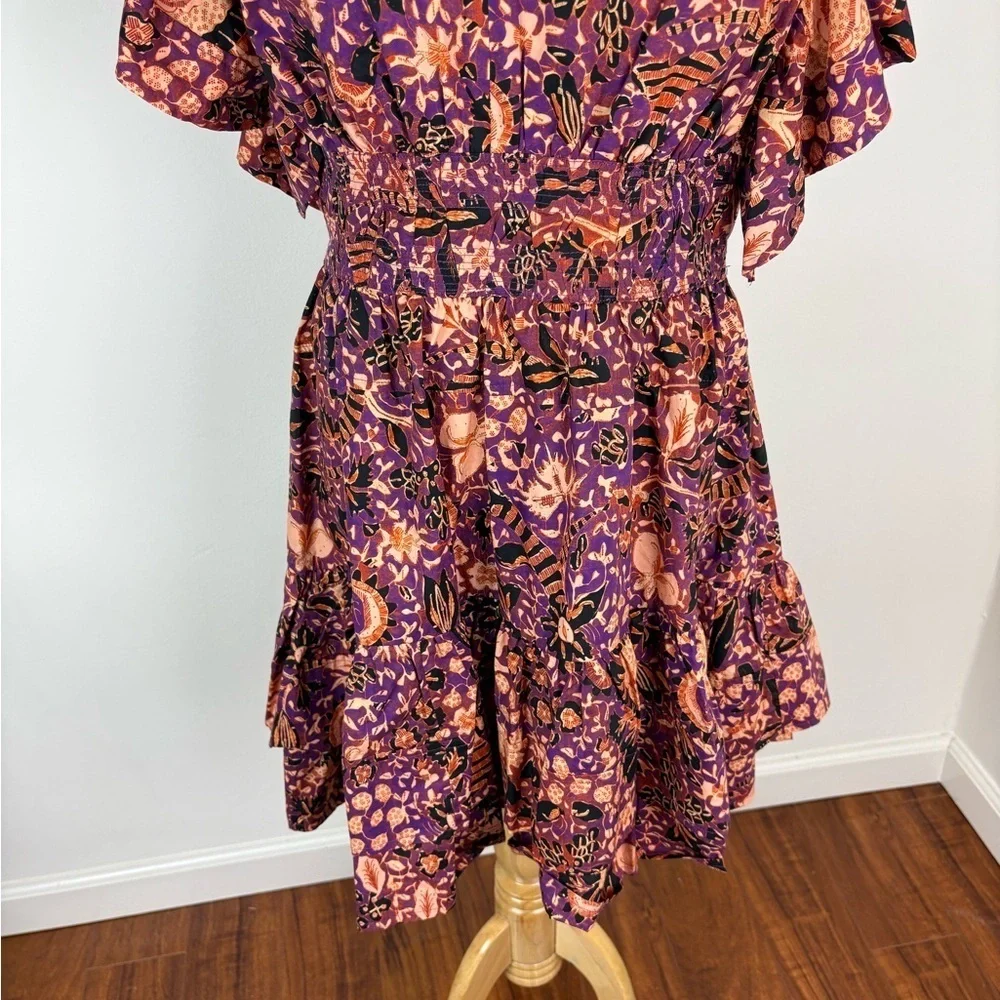 ULLA JOHNSON Kiri Dress Floral Print Ruffle Dress 100% Cotton Orange Size 10